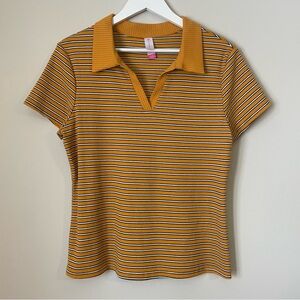 No Boundaries Mustard and Black Striped Polo 90s Y2K Collared Vneck Top